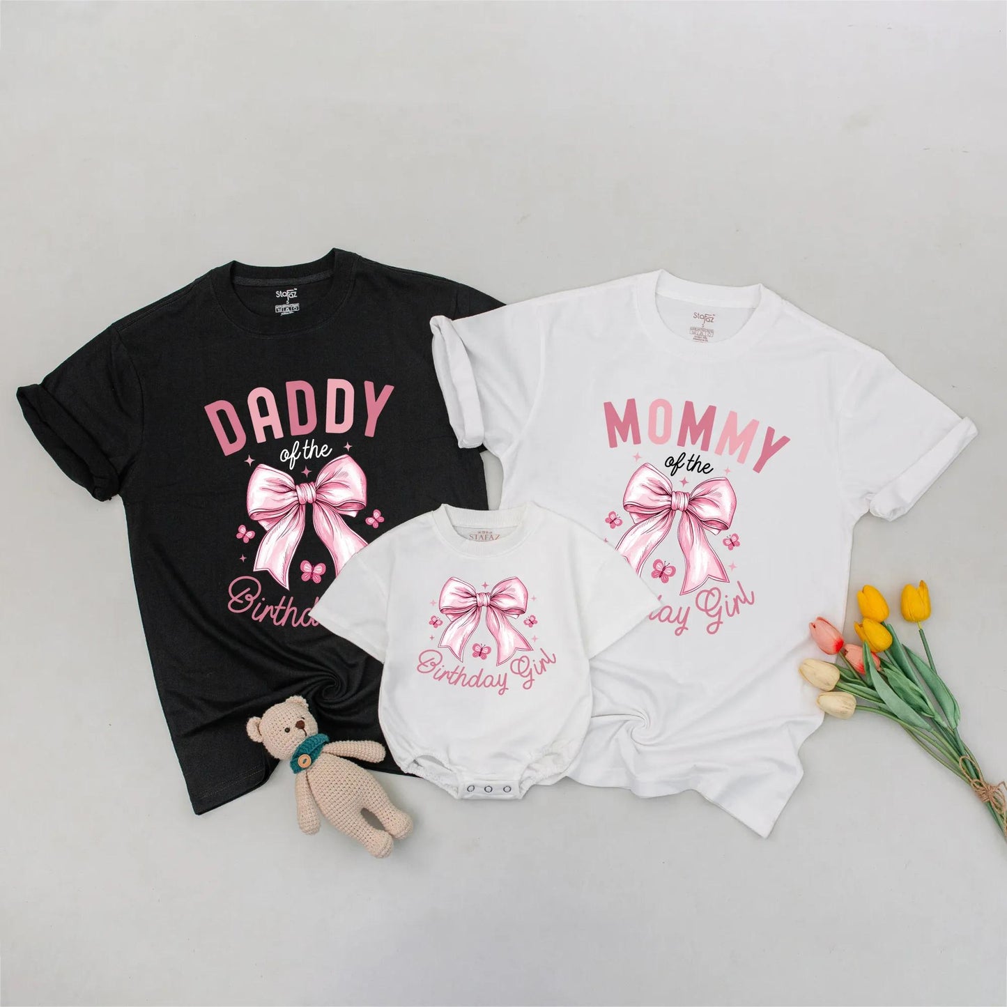 Pink Bow Birthday Girl Matching Family Shirts: "Daddy of the Birthday Girl" Tee, Personalized 1st Birthday Outfit for Baby Girl, Bow Party Tee (138 chars)