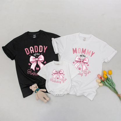 Pink Bow Birthday Girl Matching Family Shirts: "Daddy of the Birthday Girl" Tee, Personalized 1st Birthday Outfit for Baby Girl, Bow Party Tee (138 chars)