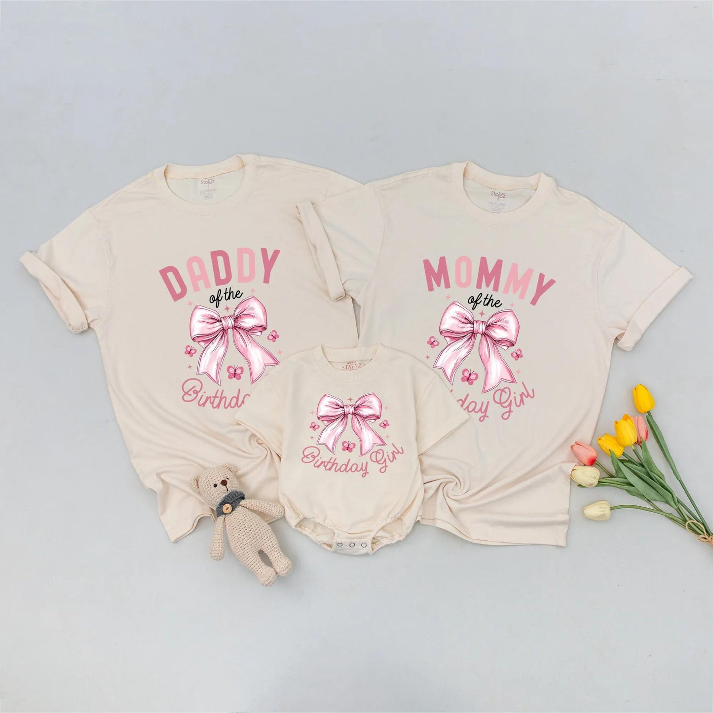 Pink Bow Birthday Girl Matching Family Shirts: "Daddy of the Birthday Girl" Tee, Personalized 1st Birthday Outfit for Baby Girl, Bow Party Tee (138 chars)