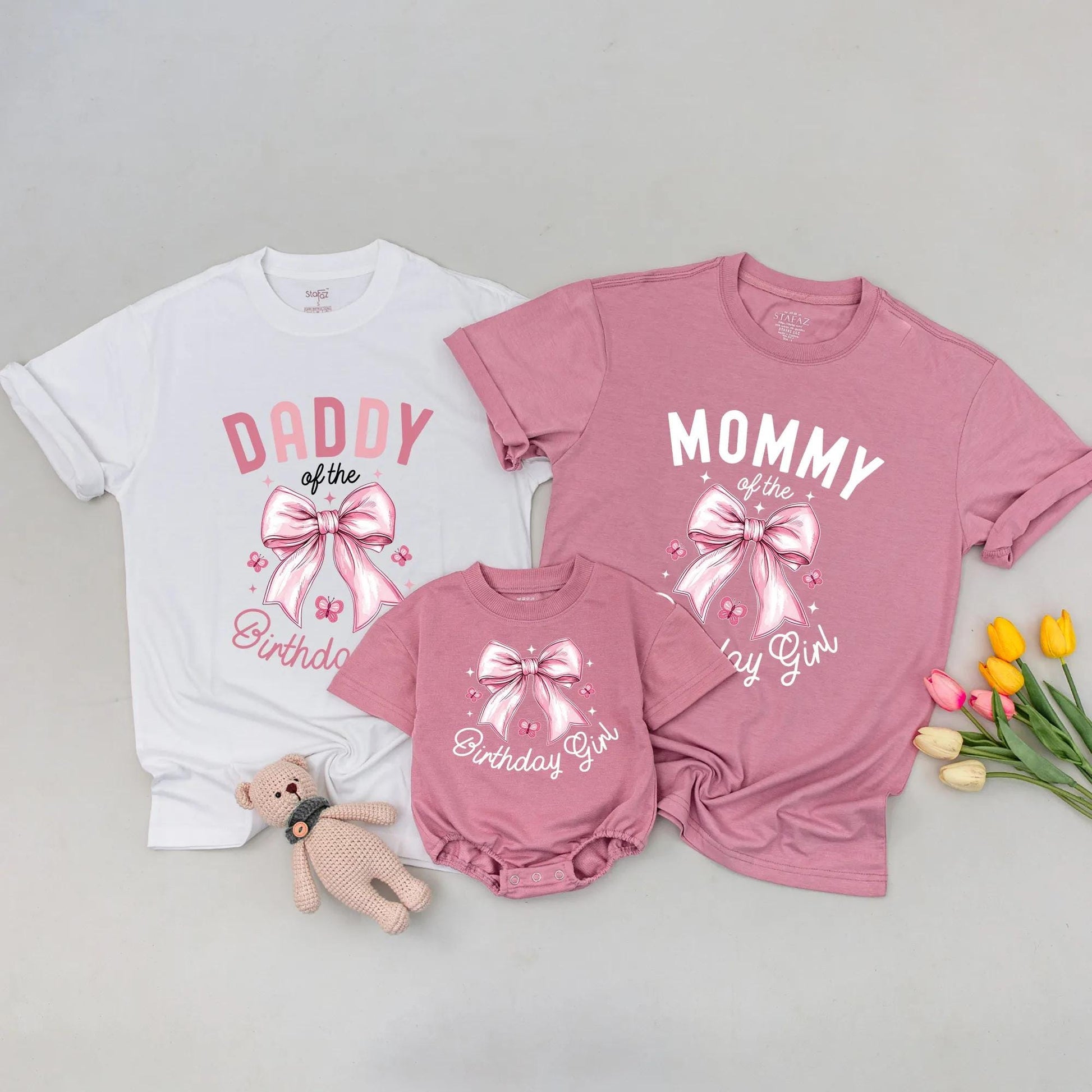 Pink Bow Birthday Girl Matching Family Shirts: "Daddy of the Birthday Girl" Tee, Personalized 1st Birthday Outfit for Baby Girl, Bow Party Tee (138 chars)