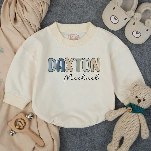 Personalized Boy Name Bubble Romper Infant Bodysuit for Toddler Birthday Gift with modern pastel block and cursive design for Baby Shower Clothes