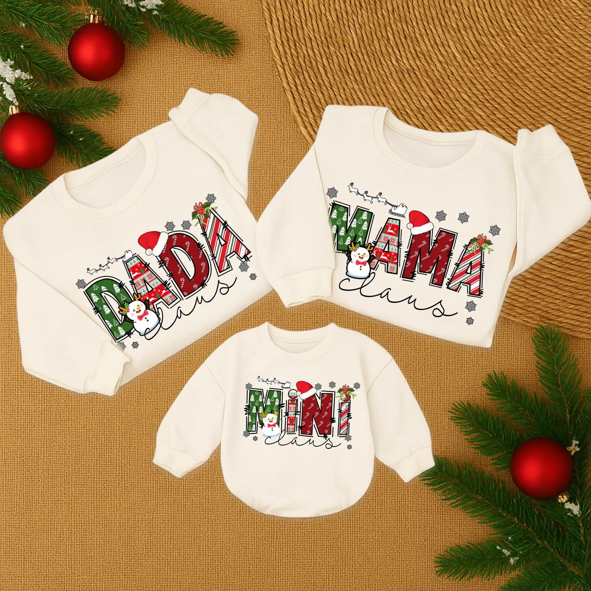 Personalized Mama Claus and Mini Claus Christmas Sweatshirts Festive Trees Candy Cane Design Family Holiday Matching Mommy Daughter Sweater