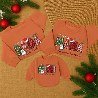 Personalized Mama Claus and Mini Claus Christmas Sweatshirts Festive Trees Candy Cane Design Family Holiday Matching Mommy Daughter Sweater