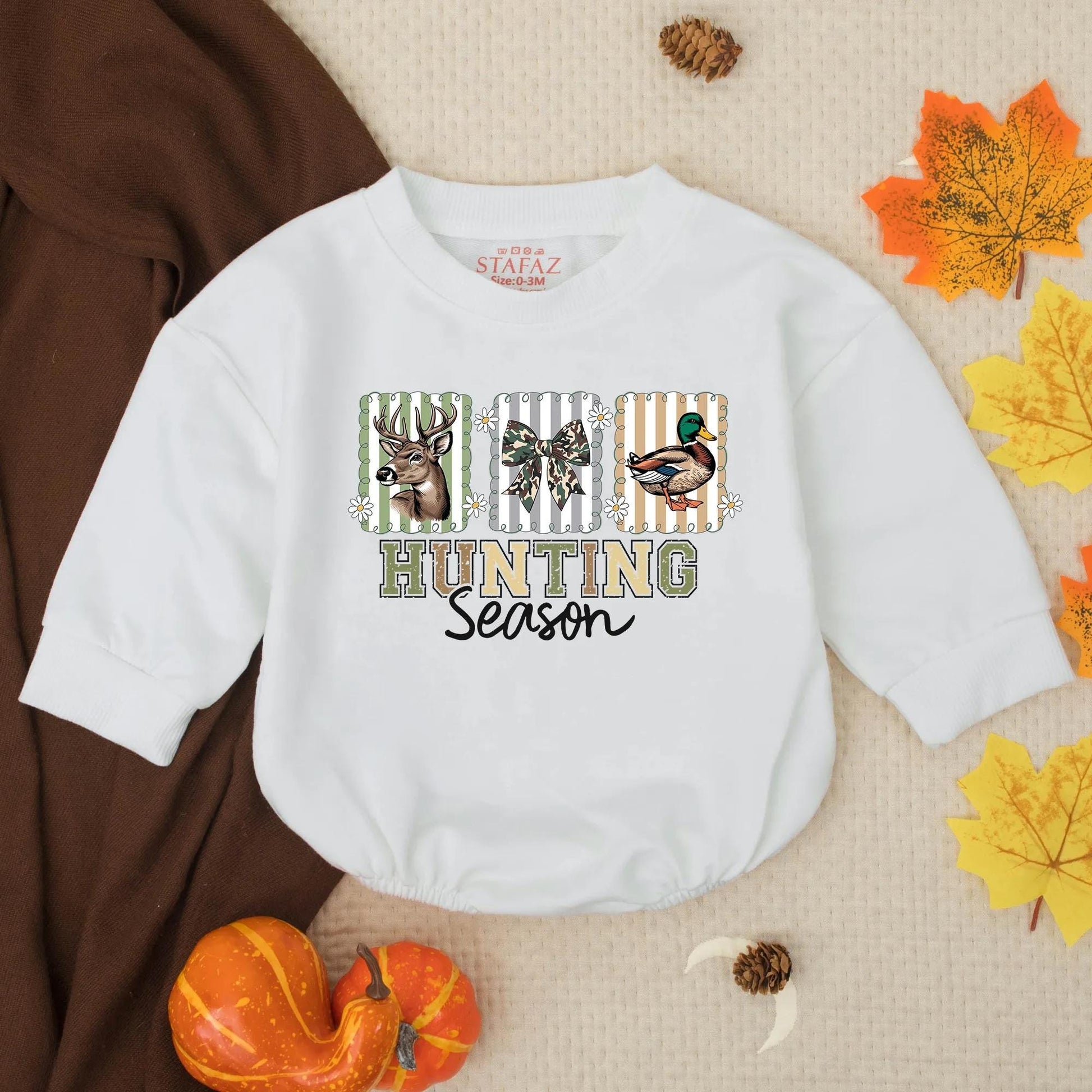 Personalized Hunting Season Mallard Duck Deer Camo Baby Romper Rustic Striped Infant Bodysuit Southern Boy Toddler Outfit Gift