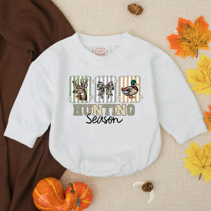 Personalized Hunting Season Mallard Duck Deer Camo Baby Romper Rustic Striped Infant Bodysuit Southern Boy Toddler Outfit Gift
