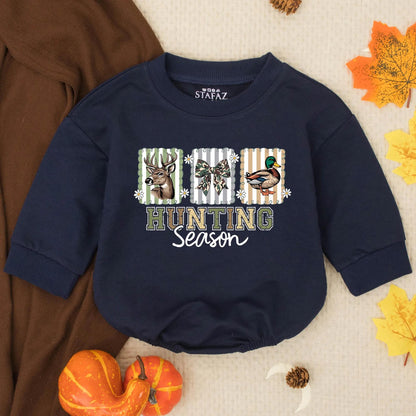 Personalized Hunting Season Mallard Duck Deer Camo Baby Romper Rustic Striped Infant Bodysuit Southern Boy Toddler Outfit Gift
