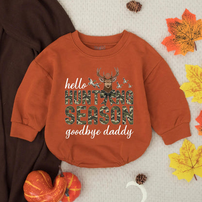 Personalized Hello Hunting Season Goodbye Daddy Baby Boy Romper with Camo Deer Head and Rifle Sight, Rustic Southern Infant Toddler Bodysuit