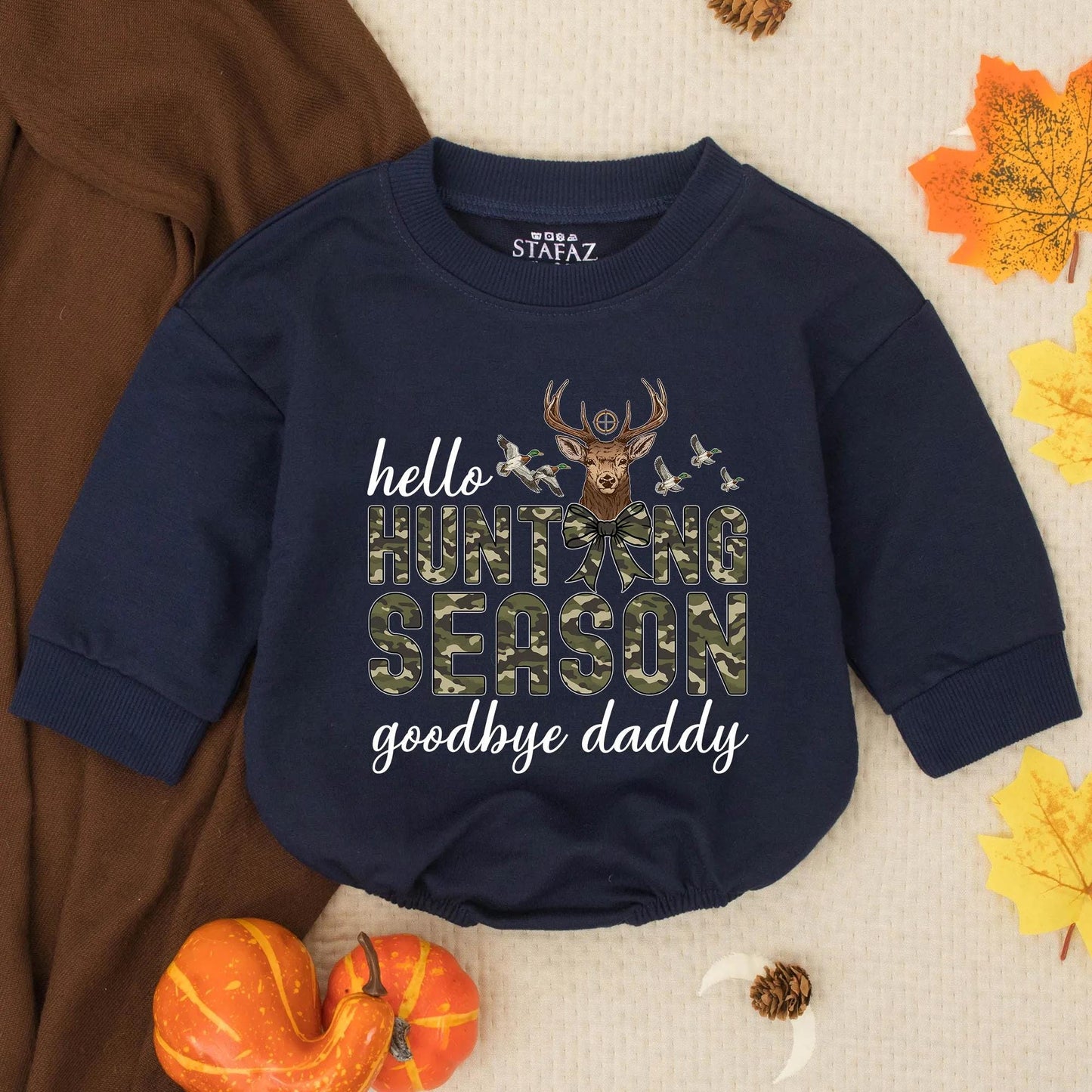 Personalized Hello Hunting Season Goodbye Daddy Baby Boy Romper with Camo Deer Head and Rifle Sight, Rustic Southern Infant Toddler Bodysuit