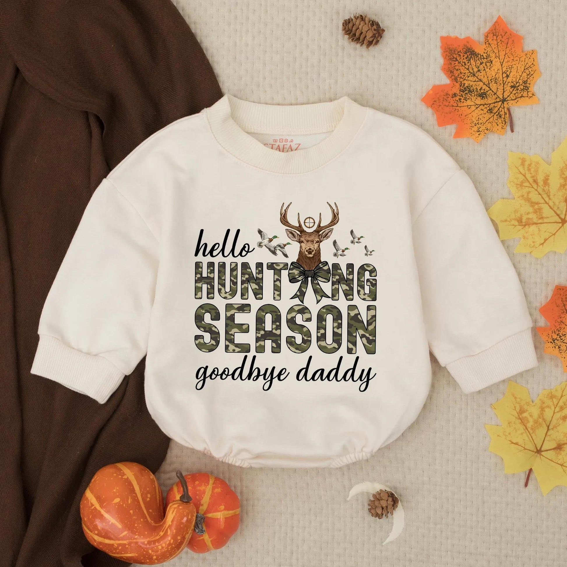 Personalized Hello Hunting Season Goodbye Daddy Baby Boy Romper with Camo Deer Head and Rifle Sight, Rustic Southern Infant Toddler Bodysuit