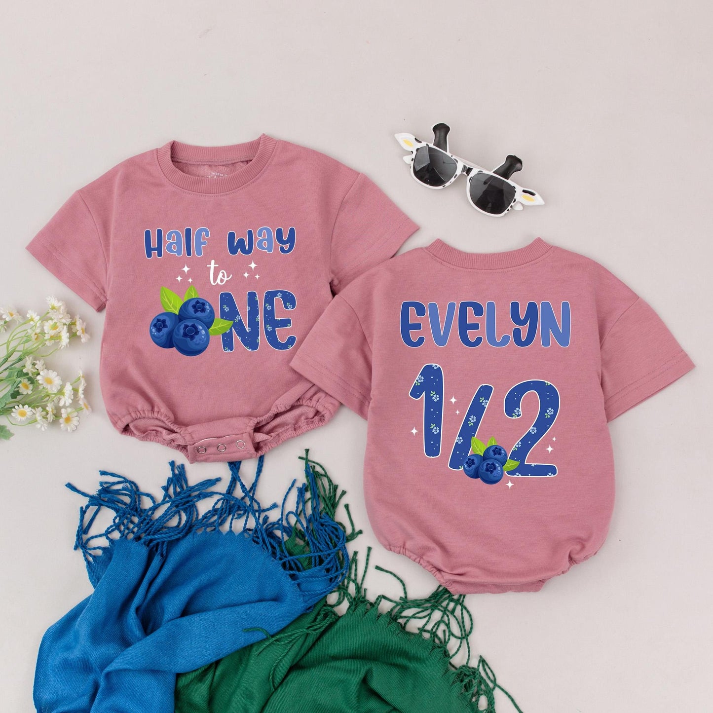 Berry Sweet Half Birthday Romper Blueberry Design, Personalized 1/2 Way to One Outfit, 6 Months Cake Smash Bodysuit, Girl Boy Retro Birthday Gift Idea