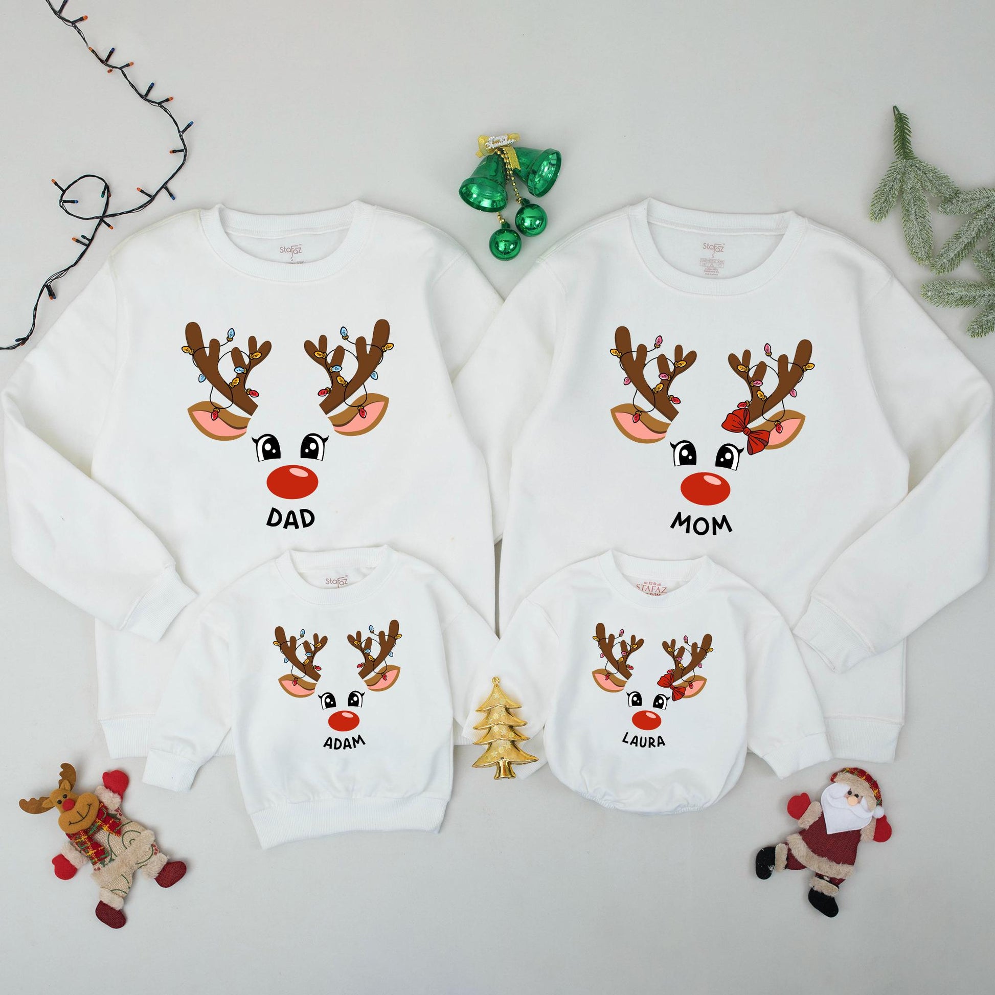 Matching Family Reindeer Christmas Sweatshirts, Personalized Xmas Sweaters, Cute Reindeer Face Design, Baby's 1st Christmas Gift