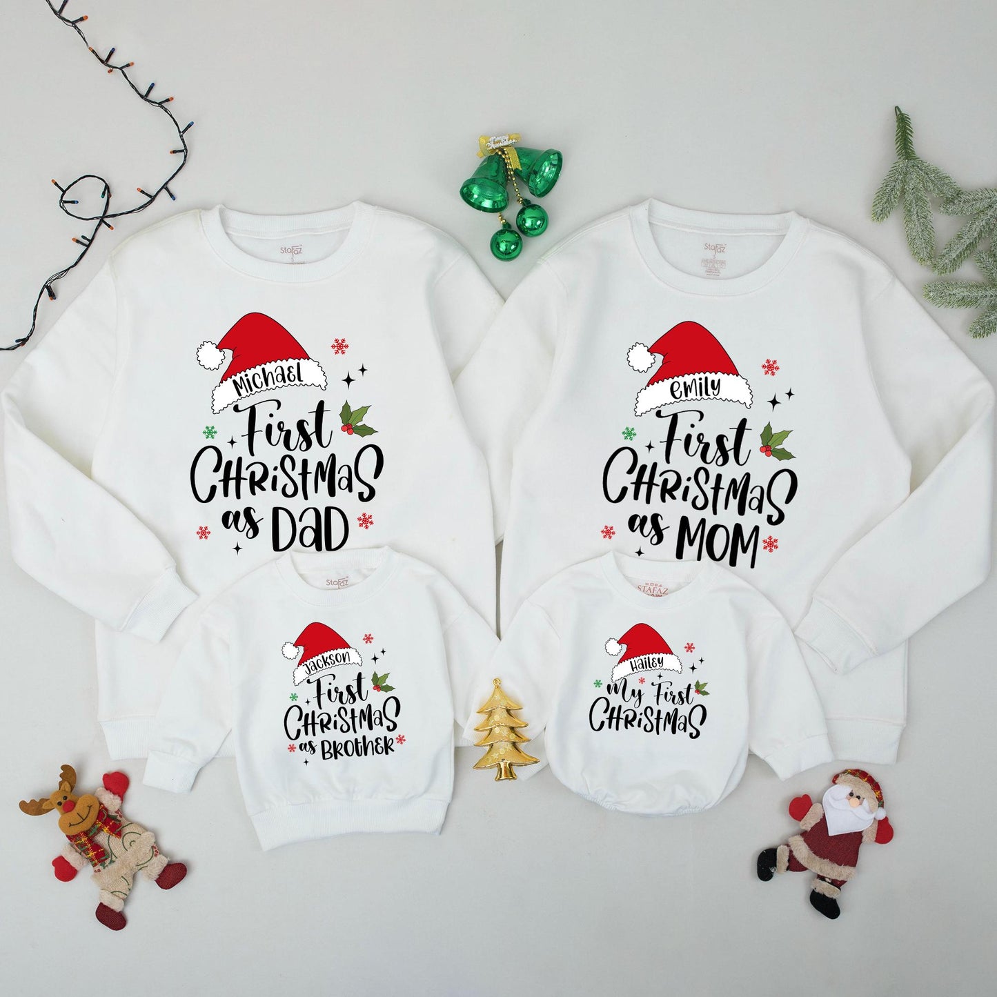 Personalized Family Christmas Sweatshirts for Baby's My First Christmas featuring Santa Hat names, Dad Mom Brother matching festive red green sweaters