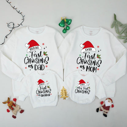 Personalized Family Christmas Sweatshirts for Baby's My First Christmas featuring Santa Hat names, Dad Mom Brother matching festive red green sweaters