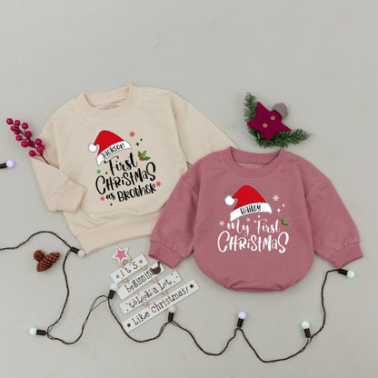 Personalized Family Christmas Sweatshirts for Baby's My First Christmas featuring Santa Hat names, Dad Mom Brother matching festive red green sweaters