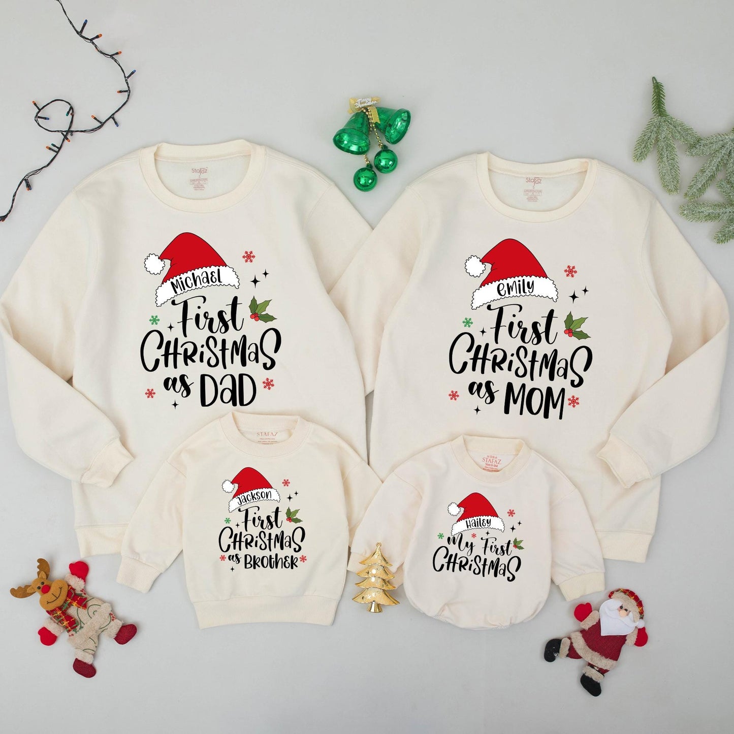 Personalized Family Christmas Sweatshirts for Baby's My First Christmas featuring Santa Hat names, Dad Mom Brother matching festive red green sweaters