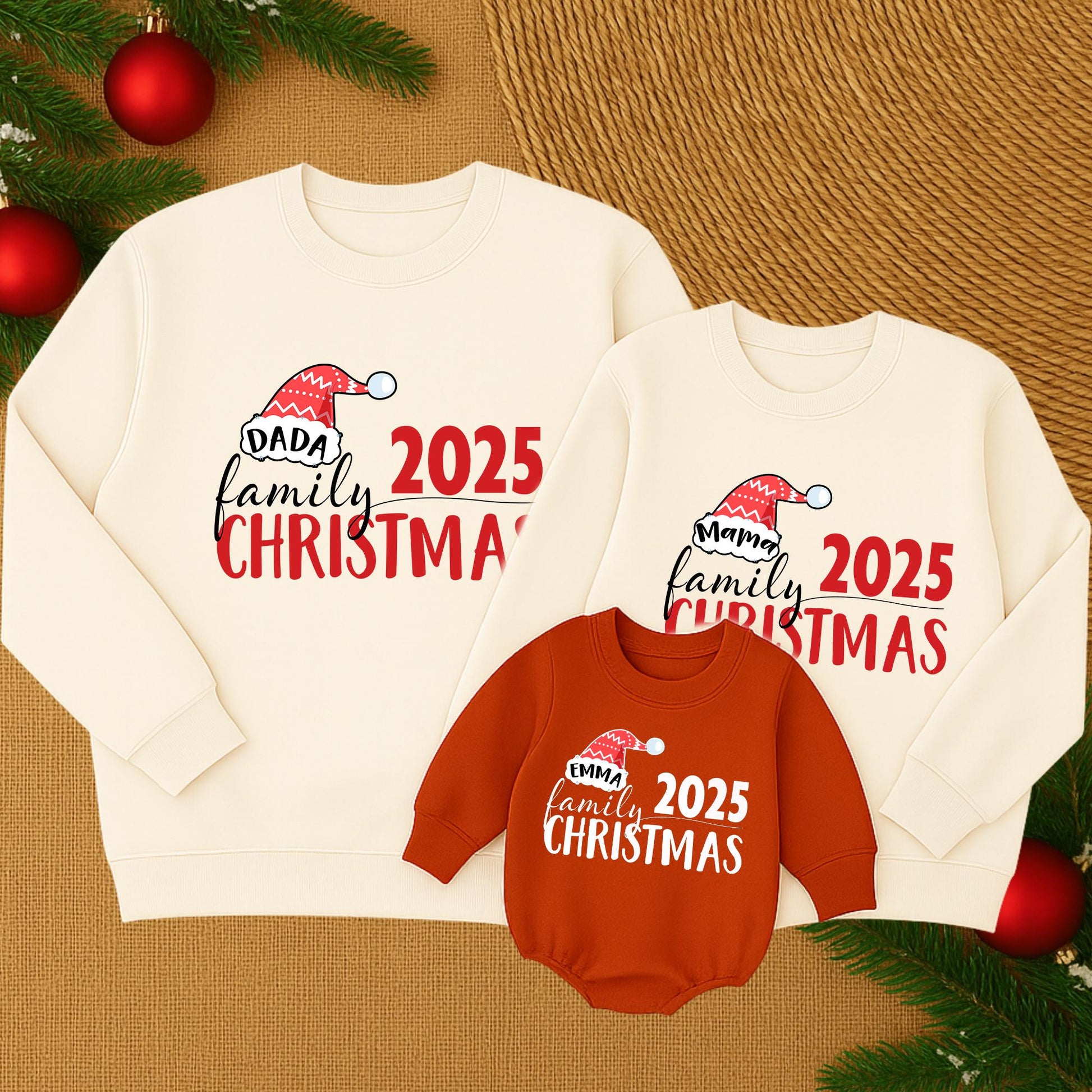 Matching Family Christmas 2025 Sweatshirts Mama Emma, Holiday Outfits, Festive Santa Hat Clothes, Custom Christmas Matching Clothes Outfit Set