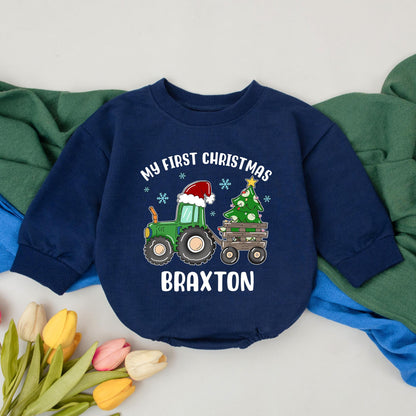 Personalized My First Christmas Tractor Romper, Custom Baby Name Bodysuit, Xmas Outfit, Winter Clothes, Cute Tractor Design, Baby Shower Gift (139 chars)