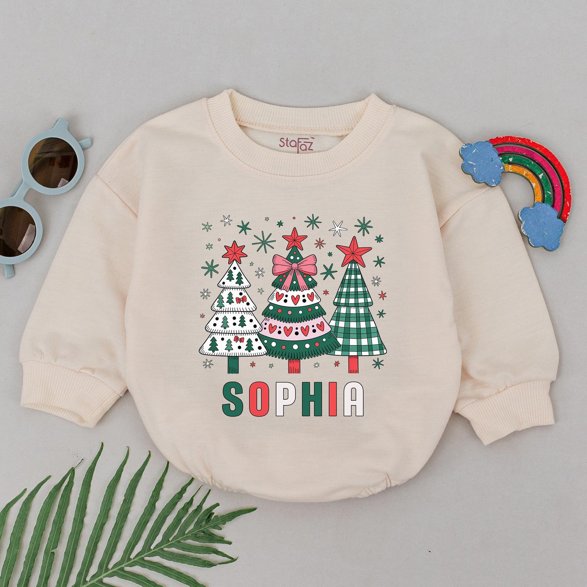 Personalized Name First Christmas Romper Retro Christmas Tree Baby Girl Bodysuit Winter Outfit Custom Xmas Holiday Gift