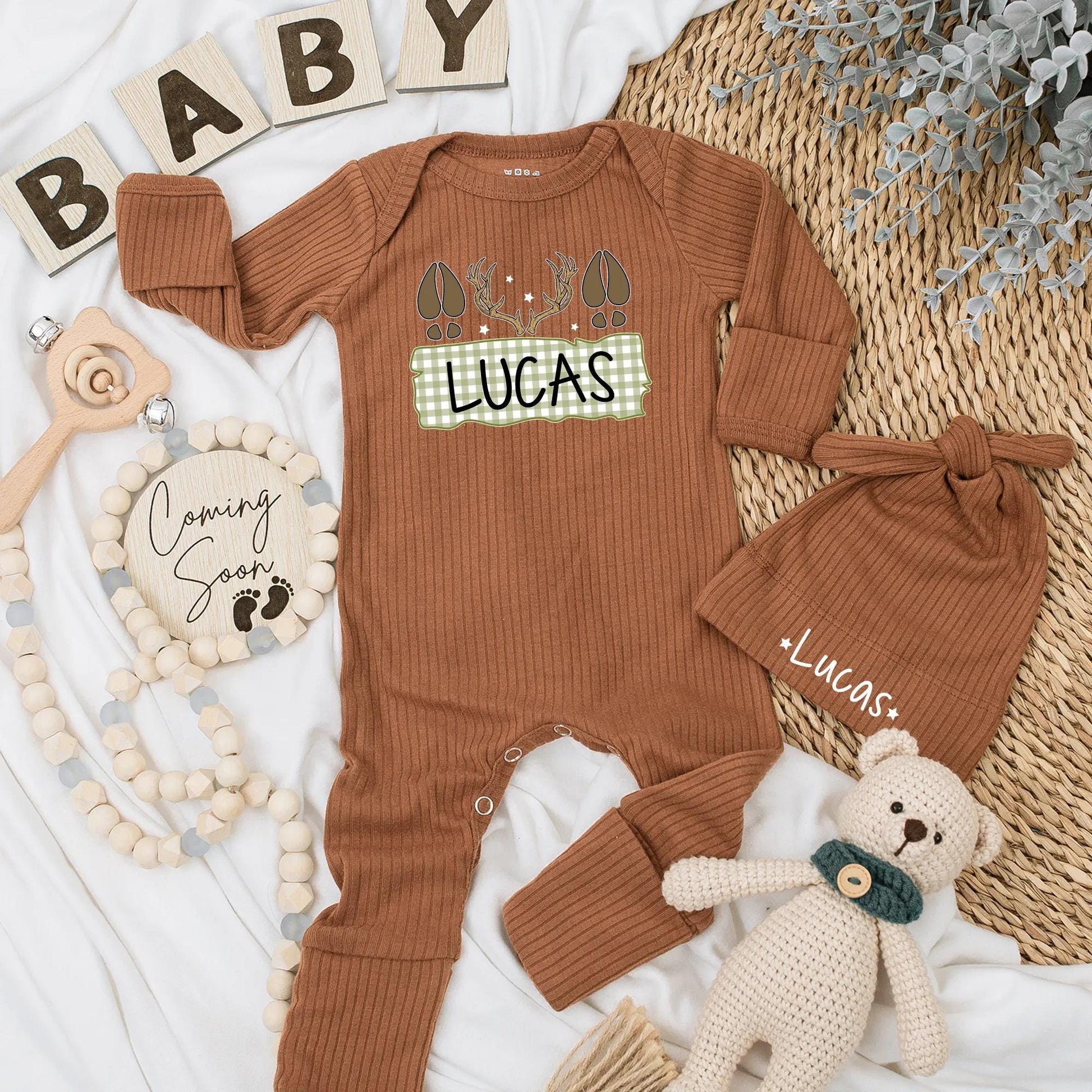 Personalized Deer Hunting Baby Bodysuit Name Lucas Rustic Gingham Newborn Fall Clothes Deer Tracks Antlers Stars Baby Shower Gift