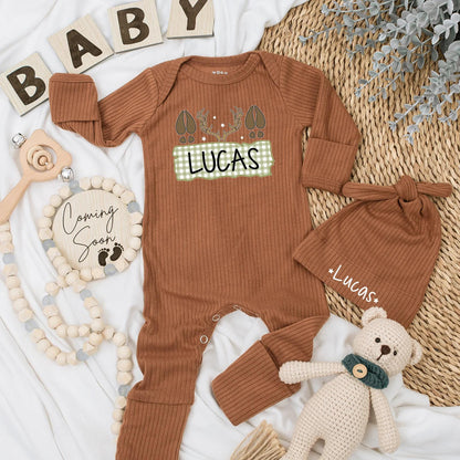 Personalized Deer Hunting Baby Bodysuit Name Lucas Rustic Gingham Newborn Fall Clothes Deer Tracks Antlers Stars Baby Shower Gift