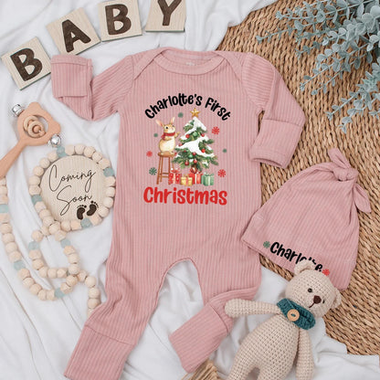 Charlotte's First Christmas Bodysuit Personalized Baby Outfit, Watercolor Rabbit Newborn Gift, Cute Holiday Bodysuit, Christmas Baby Announcement 138
