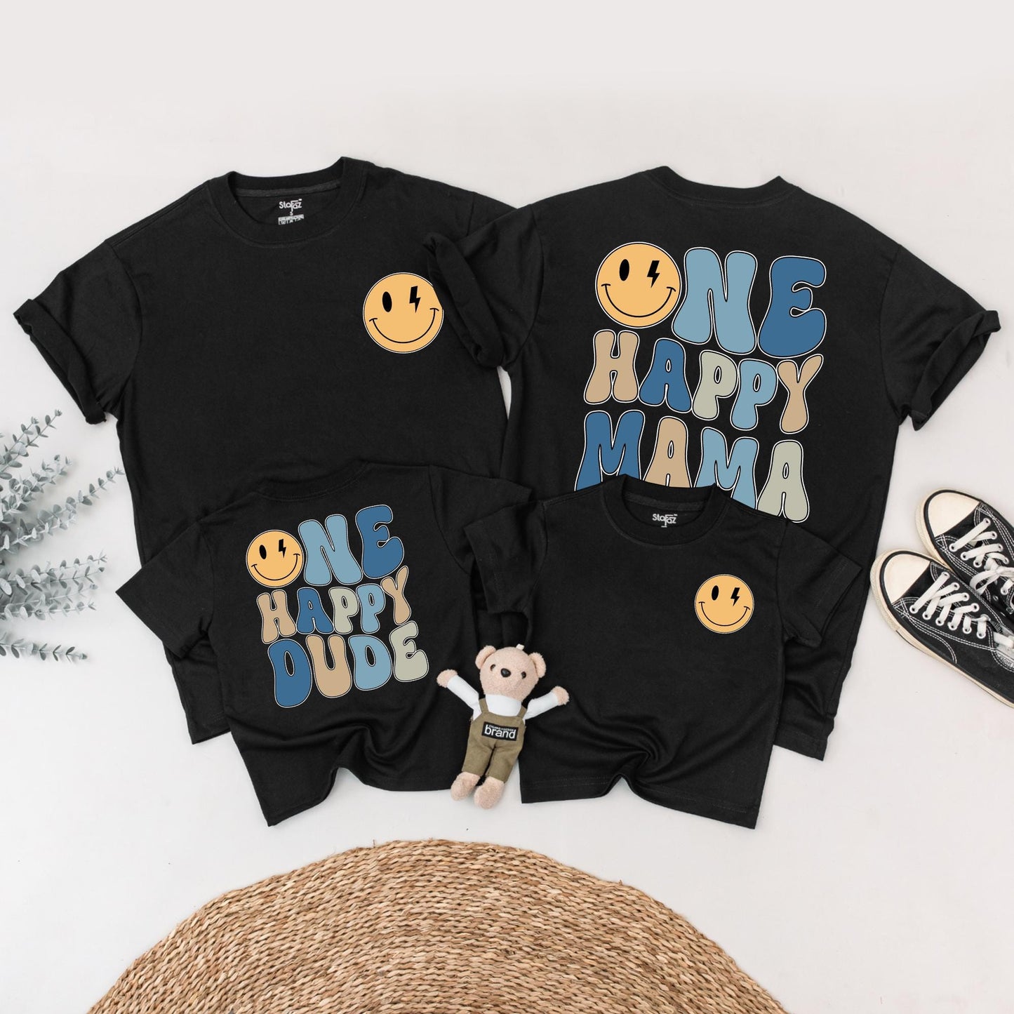 One Happy Dude 1st Birthday Shirt Retro Smiley Face Matching Family Outfits Baby Boy Yellow Lightning Bolt Design Mama Daddy Tee