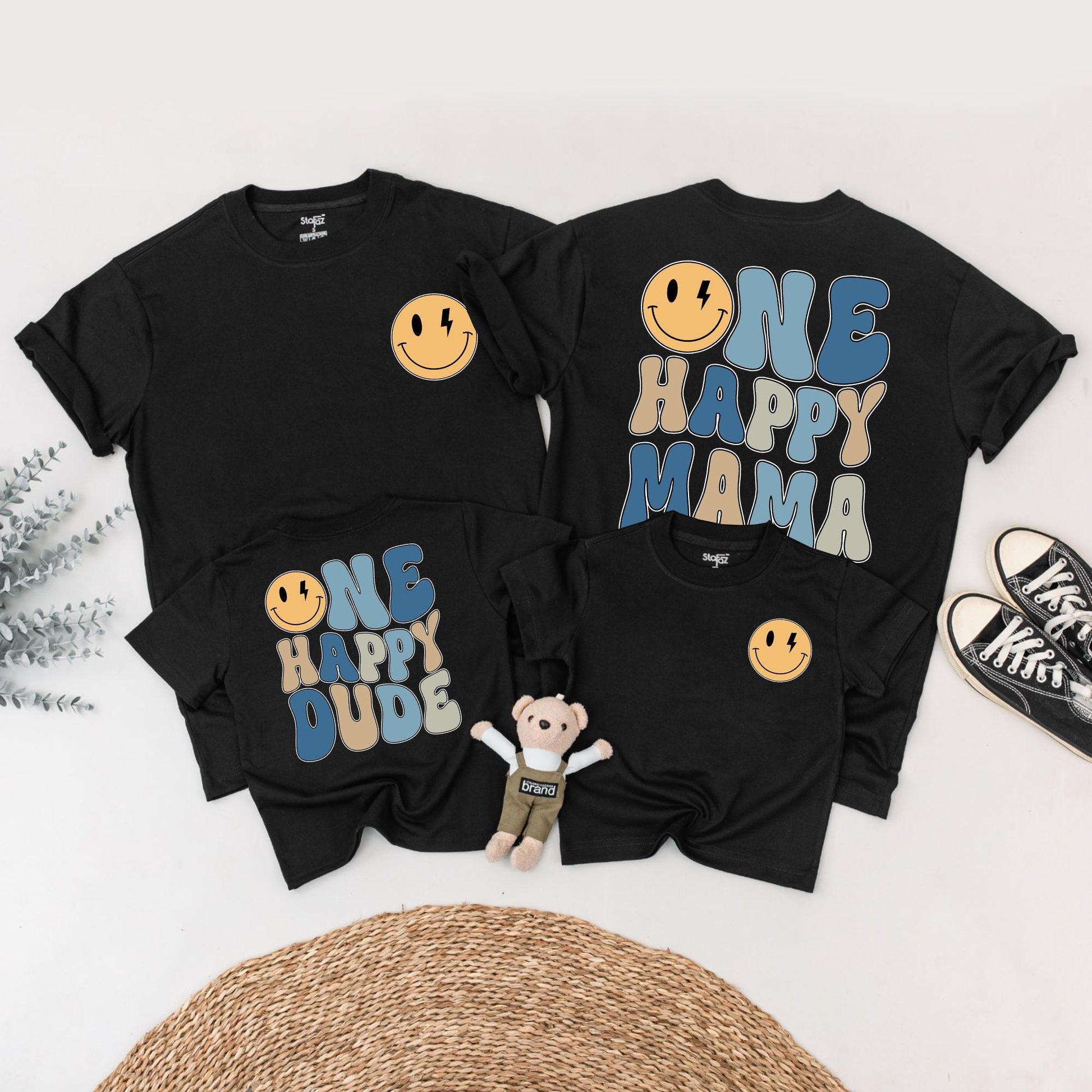 One Happy Dude 1st Birthday Shirt Retro Smiley Face Matching Family Outfits Baby Boy Yellow Lightning Bolt Design Mama Daddy Tee