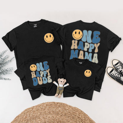 One Happy Dude 1st Birthday Shirt Retro Smiley Face Matching Family Outfits Baby Boy Yellow Lightning Bolt Design Mama Daddy Tee