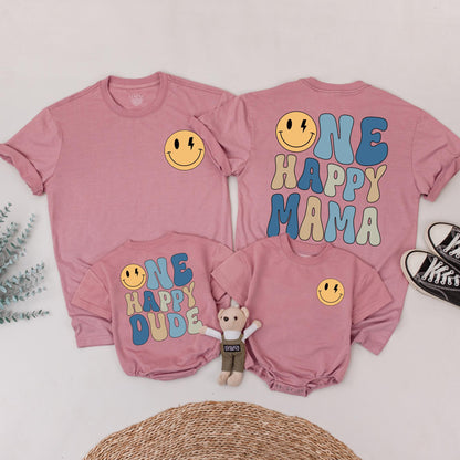 One Happy Dude 1st Birthday Shirt Retro Smiley Face Matching Family Outfits Baby Boy Yellow Lightning Bolt Design Mama Daddy Tee