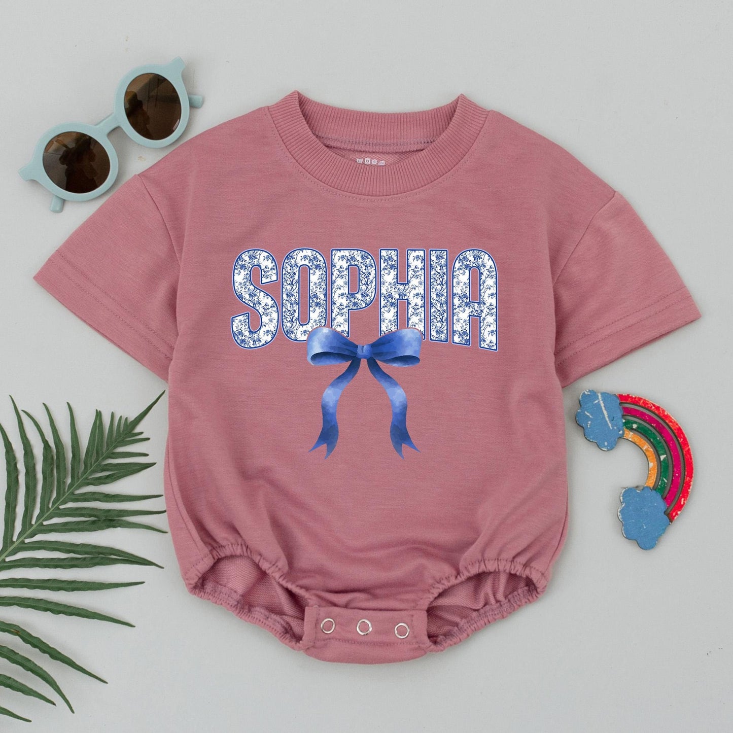 Personalized Baby Girl Bubble Romper Blue Chinoiserie Floral Name Bow Ribbon Vintage Infant Bodysuit Sweet Birthday Baby Shower Gift