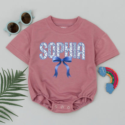 Personalized Baby Girl Bubble Romper Blue Chinoiserie Floral Name Bow Ribbon Vintage Infant Bodysuit Sweet Birthday Baby Shower Gift