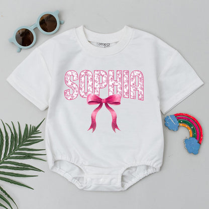 Sophia Chinoiserie Floral Baby Bubble Romper Pink Bow Cute Feminine Outfit Personalized Name Gift for Baby Girl 134 characters