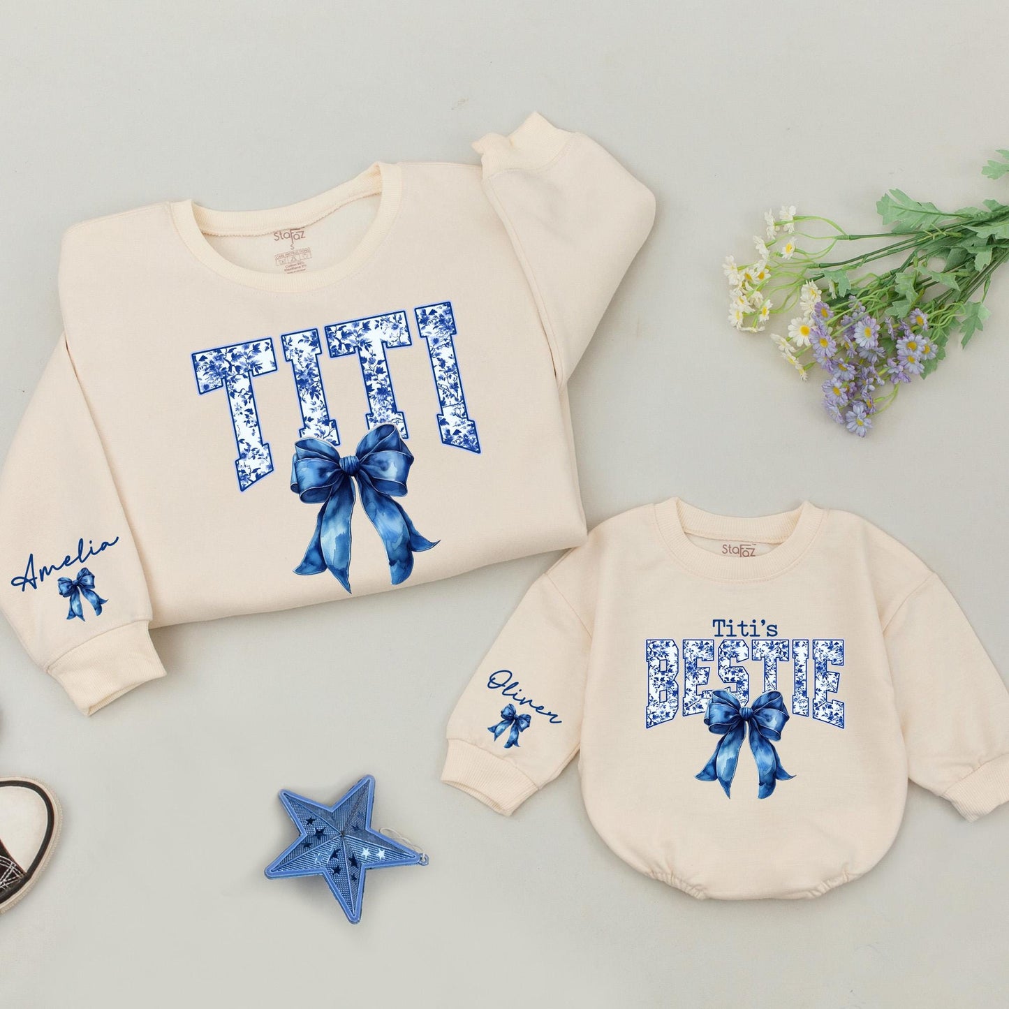 Matching Titi & Bestie Sweatshirts with Blue Bow & Chinoiserie Print, Personalized Aunt Niece Outfit, Custom Oliver & Amelia Names, Christmas Gift