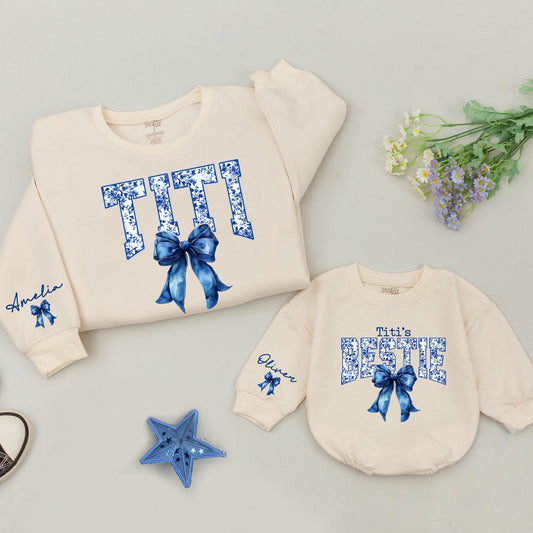 Matching Titi & Bestie Sweatshirts with Blue Bow & Chinoiserie Print, Personalized Aunt Niece Outfit, Custom Oliver & Amelia Names, Christmas Gift
