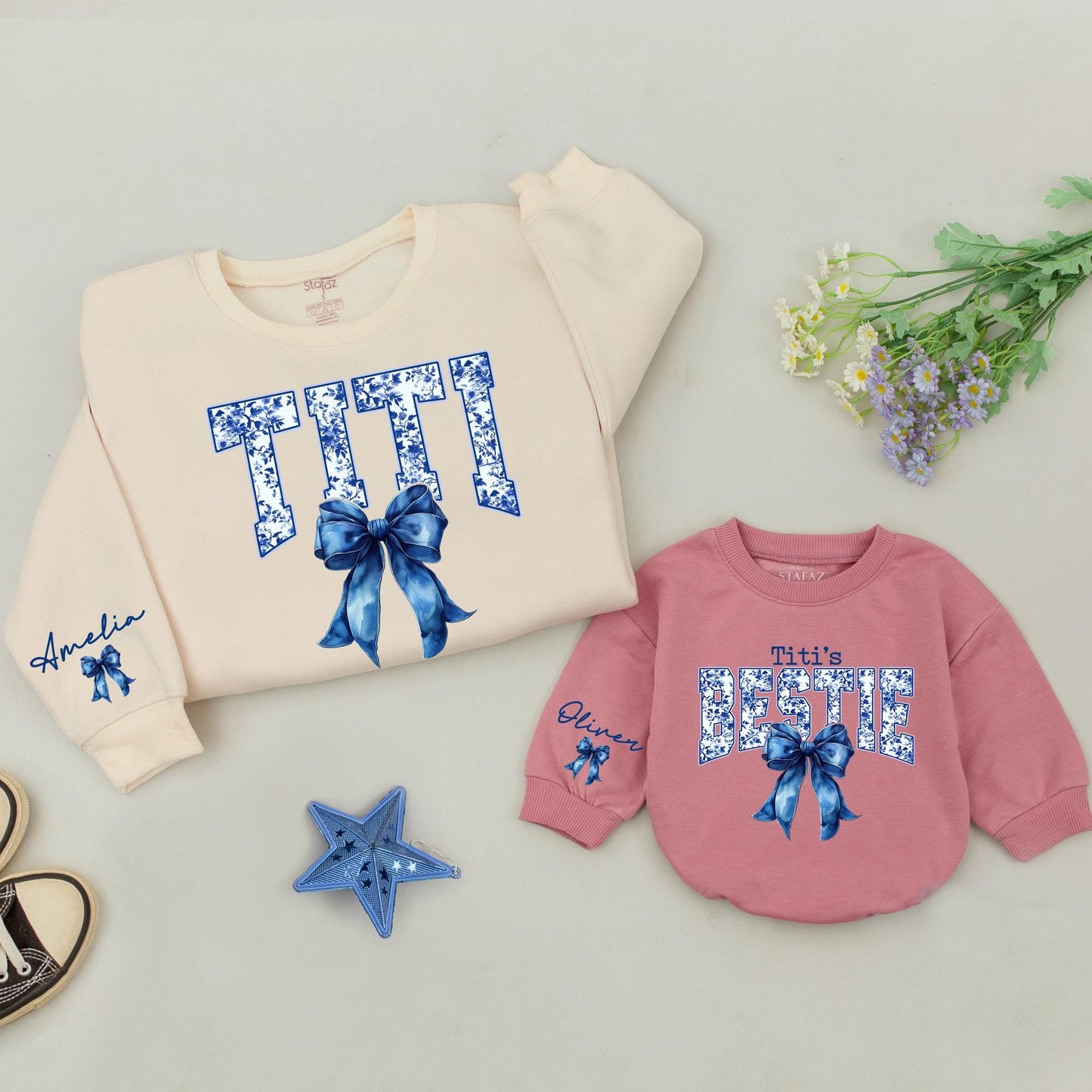 Matching Titi & Bestie Sweatshirts with Blue Bow & Chinoiserie Print, Personalized Aunt Niece Outfit, Custom Oliver & Amelia Names, Christmas Gift