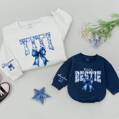 Matching Titi & Bestie Sweatshirts with Blue Bow & Chinoiserie Print, Personalized Aunt Niece Outfit, Custom Oliver & Amelia Names, Christmas Gift