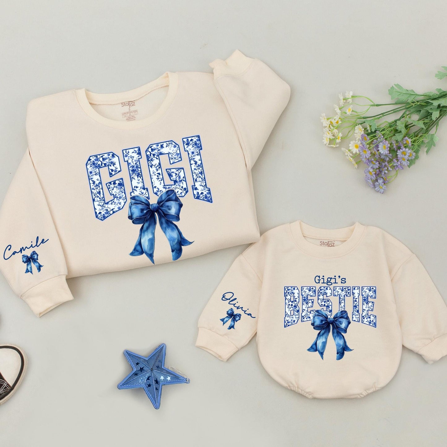 Gigi & Bestie Matching Sweatshirts, Blue Chinoiserie Bow Sweaters, Custom Name Grandma Gift Set, Playful Floral Outfit, Christmas Gift Idea, Comfy Cotton 139