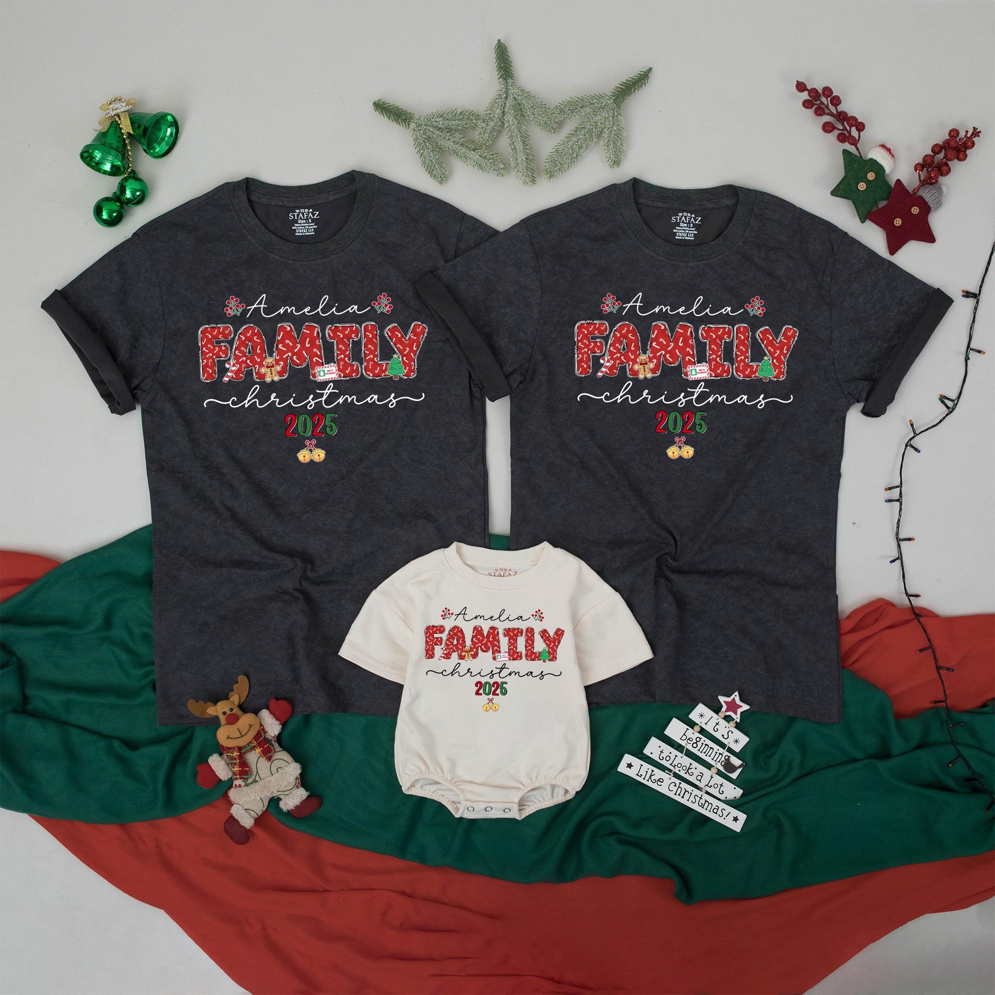 Custom Name Matching Family Christmas 2025 Shirts featuring Candy Cane FAMILY, Red Berries & Gold Bells Festive Holiday Party Group Vacation Outfits
