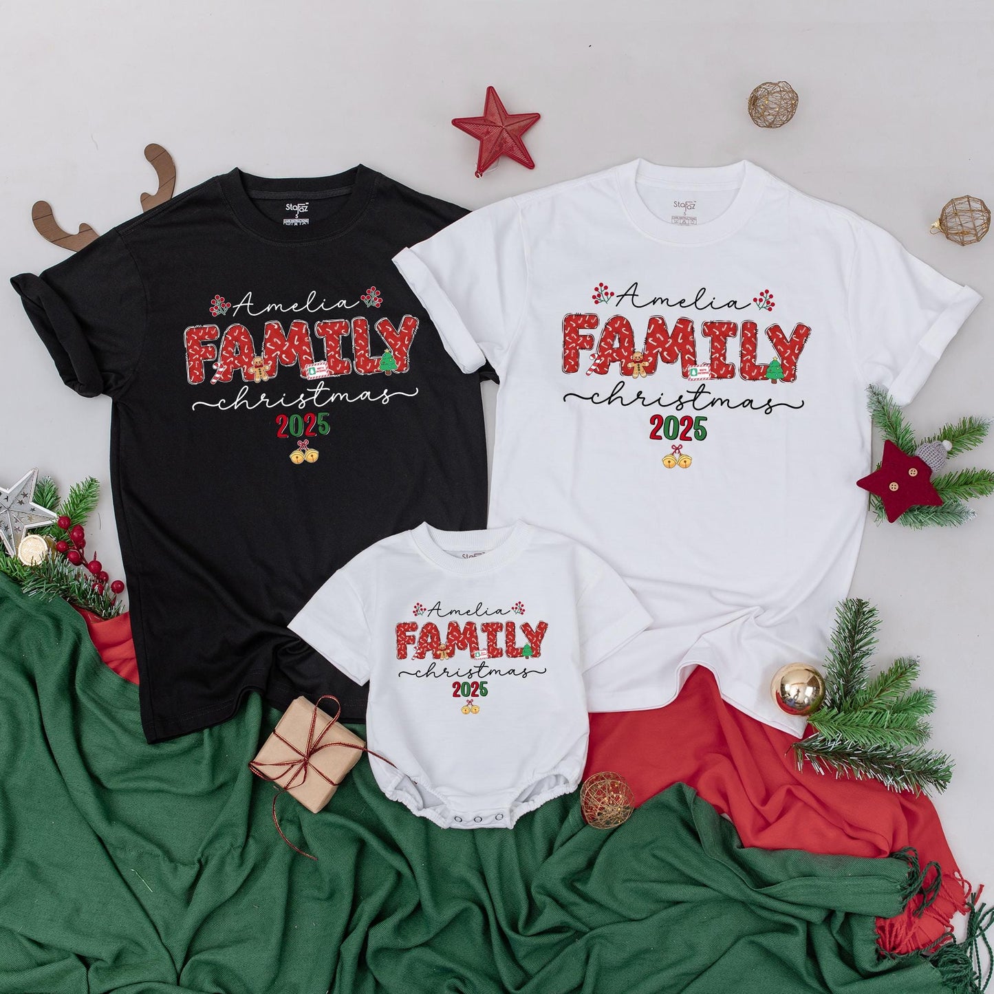 Custom Name Matching Family Christmas 2025 Shirts featuring Candy Cane FAMILY, Red Berries & Gold Bells Festive Holiday Party Group Vacation Outfits