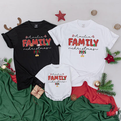 Custom Name Matching Family Christmas 2025 Shirts featuring Candy Cane FAMILY, Red Berries & Gold Bells Festive Holiday Party Group Vacation Outfits