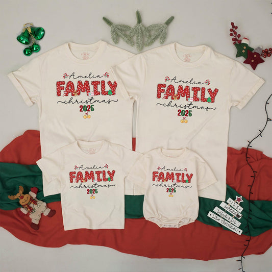 Custom Name Matching Family Christmas 2025 Shirts featuring Candy Cane FAMILY, Red Berries & Gold Bells Festive Holiday Party Group Vacation Outfits