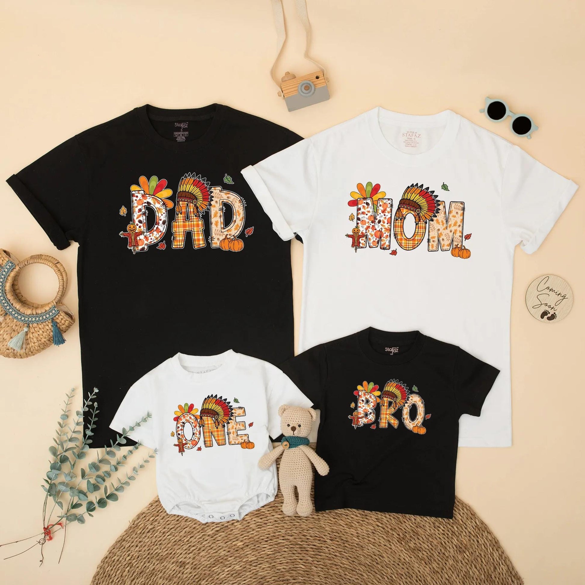 One Little Turkey Family Matching Thanksgiving Outfits DAD MOM BRO Cute Birthday Boys Girls Plaid Pumpkin Feather Headdress