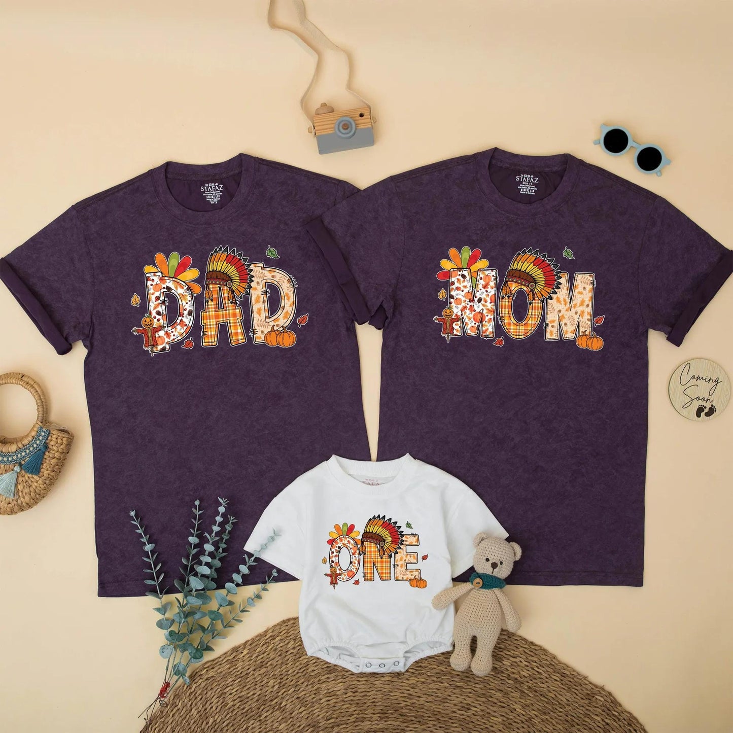 One Little Turkey Family Matching Thanksgiving Outfits DAD MOM BRO Cute Birthday Boys Girls Plaid Pumpkin Feather Headdress