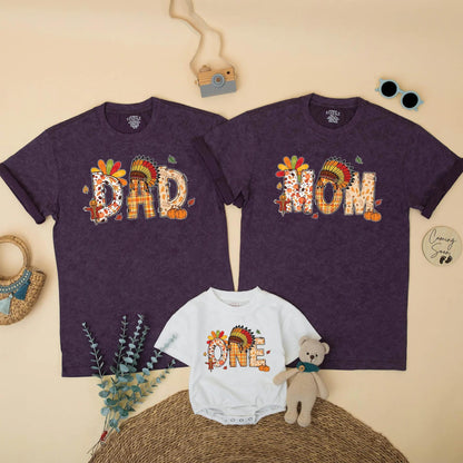 One Little Turkey Family Matching Thanksgiving Outfits DAD MOM BRO Cute Birthday Boys Girls Plaid Pumpkin Feather Headdress