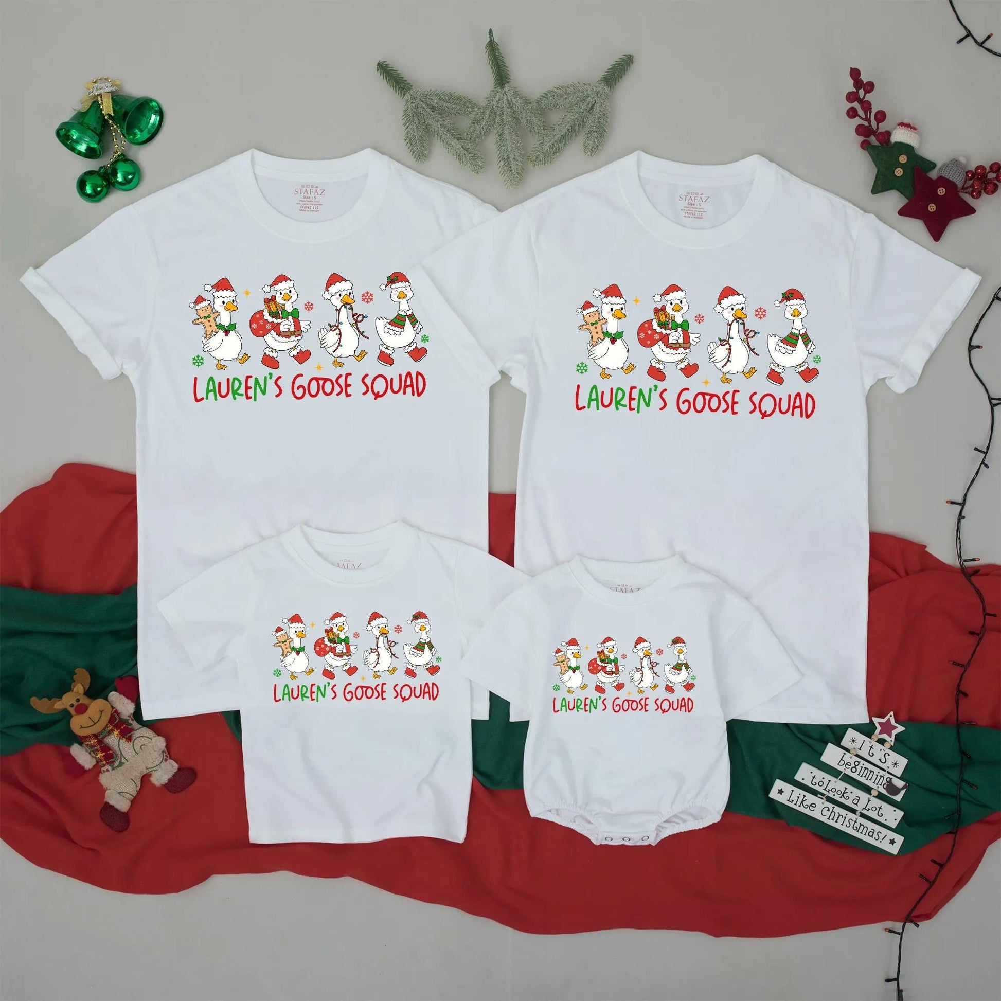 Lauren's Goose Squad Matching Christmas Shirts, Funny Personalized Family Holiday Tees, Custom Name Xmas Outfit, Festive Cartoon Geese Reunion Gift (139 chars)