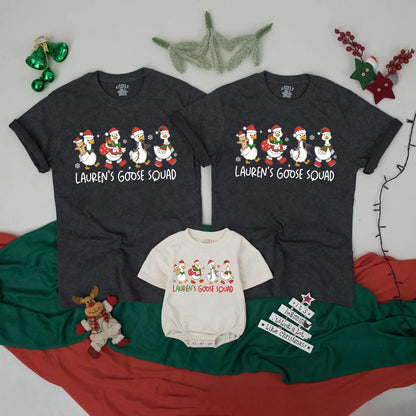 Lauren's Goose Squad Matching Christmas Shirts, Funny Personalized Family Holiday Tees, Custom Name Xmas Outfit, Festive Cartoon Geese Reunion Gift (139 chars)
