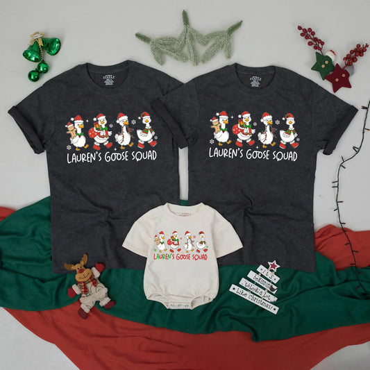 Lauren's Goose Squad Matching Christmas Shirts, Funny Personalized Family Holiday Tees, Custom Name Xmas Outfit, Festive Cartoon Geese Reunion Gift (139 chars)