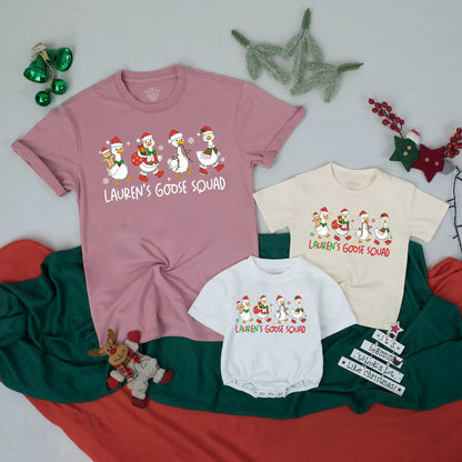 Lauren's Goose Squad Matching Christmas Shirts, Funny Personalized Family Holiday Tees, Custom Name Xmas Outfit, Festive Cartoon Geese Reunion Gift (139 chars)