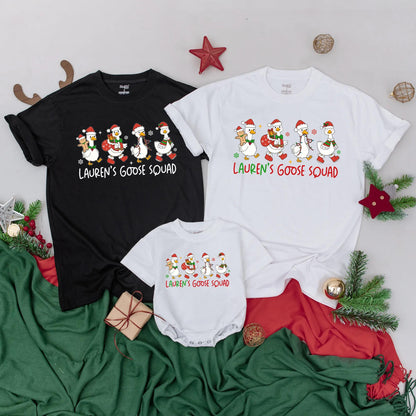 Lauren's Goose Squad Matching Christmas Shirts, Funny Personalized Family Holiday Tees, Custom Name Xmas Outfit, Festive Cartoon Geese Reunion Gift (139 chars)