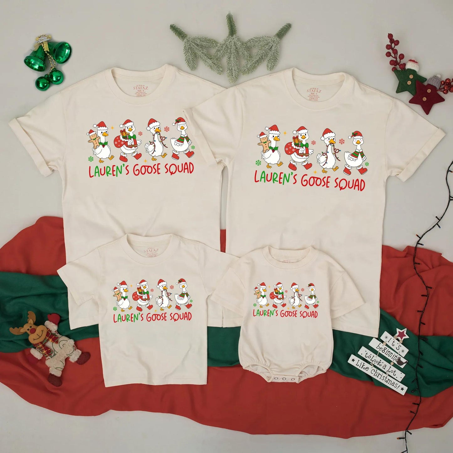 Lauren's Goose Squad Matching Christmas Shirts, Funny Personalized Family Holiday Tees, Custom Name Xmas Outfit, Festive Cartoon Geese Reunion Gift (139 chars)